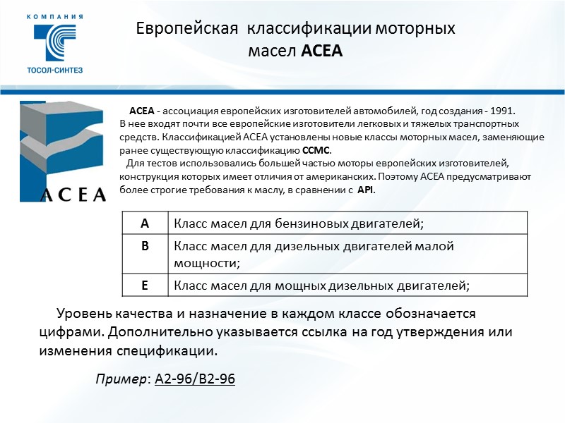 Европейская  классификации моторных масел ACEA     ACEA - ассоциация европейских